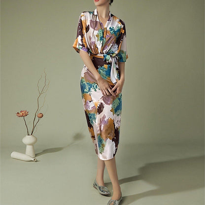 Damen Wickelkleid Kimono-Ärmel Taillengürtel Eveloria
