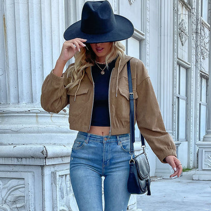 Damen Cordjacke Kurz Kapuze mit Taschen Olivgrün