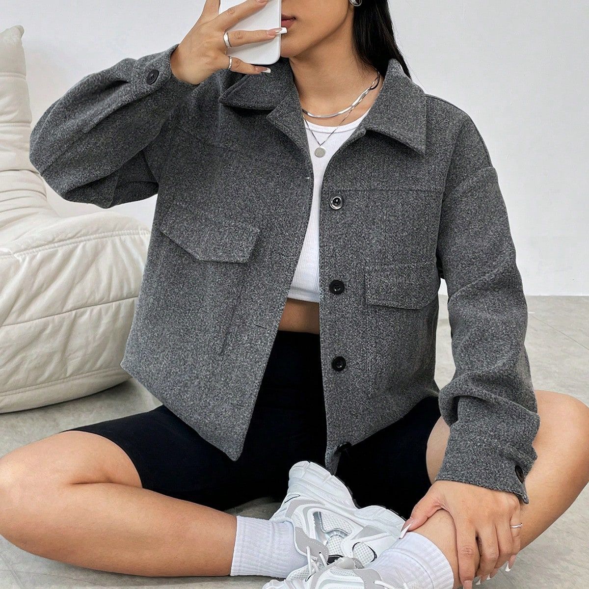 Damen Oversized Jacke Lässig Mit Taschen Button Down Verschluss