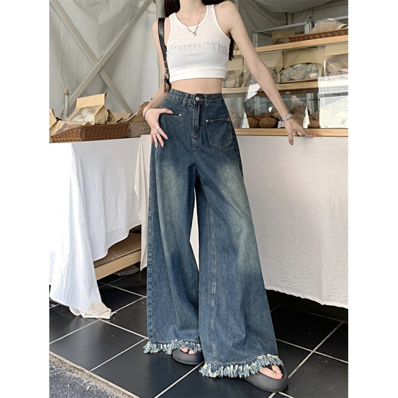 Damen Weite Jeanshose Fransiger Saum Eveloria - Eveloria