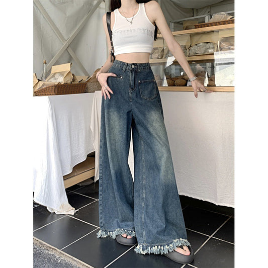 Damen Weite Jeanshose Fransiger Saum Eveloria - Eveloria