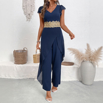 Damen Jumpsuit Spitzenakzente Weich Eveloria