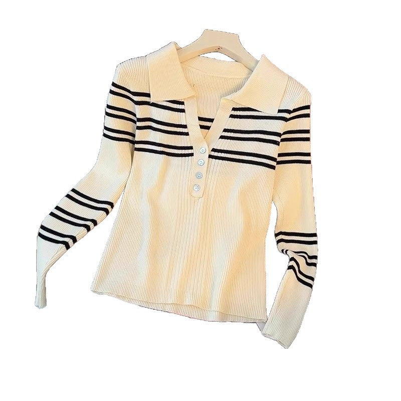 Damen Pullover Streifen Knopfleiste Klassischer Kragen