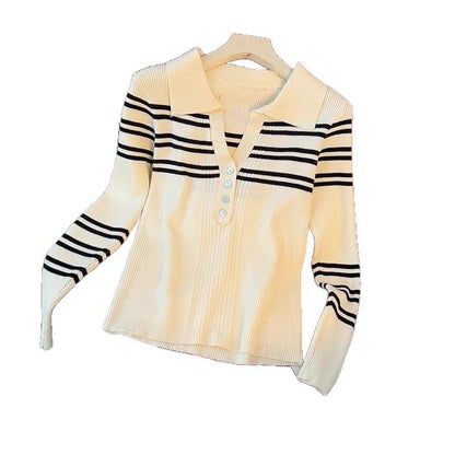 Damen Pullover Streifen Knopfleiste Klassischer Kragen