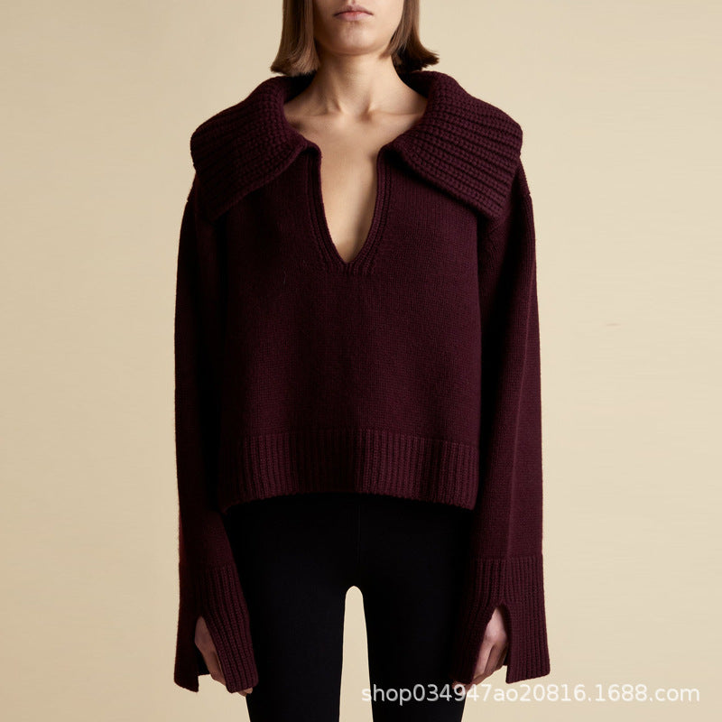Damen Strickpullover V-Ausschnitt Übergroßer Kragen Anthrazit