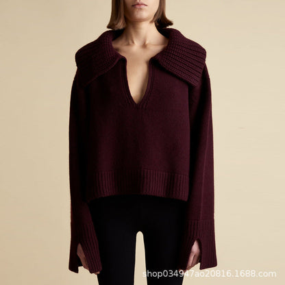 Damen Strickpullover V-Ausschnitt Übergroßer Kragen Anthrazit