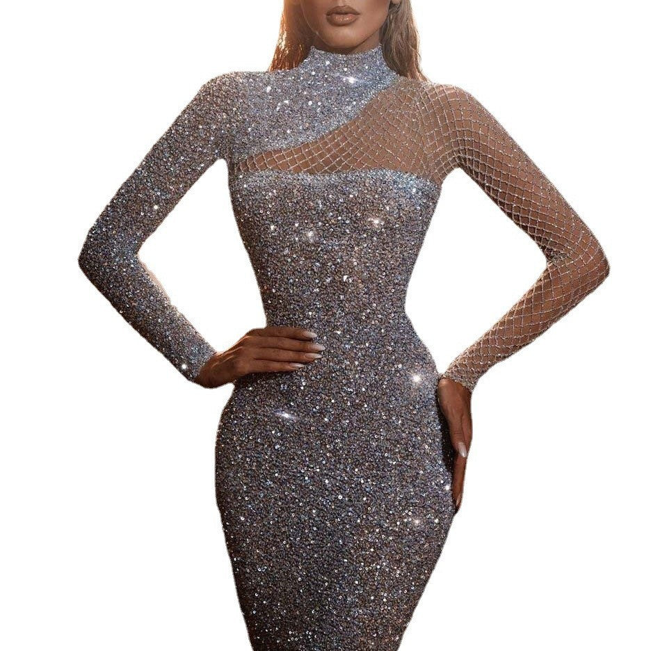 Damen Abendkleid Glitzernd Asymmetrischer Ausschnitt Langärmlig