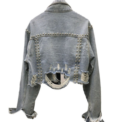 Damen Denimjacke Nieten Fransen Blau Eveloria