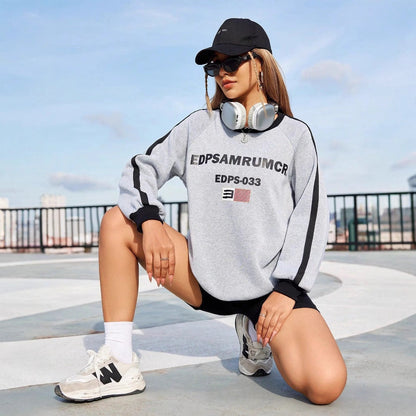 Damen Sweatshirt Grafikdruck Kontrastärmel Schwarz Eveloria - Eveloria