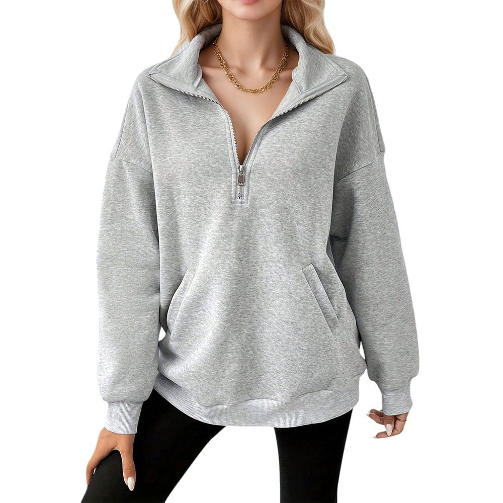 Damen Sweatpullover Halbzipp Reißverschluss Taschen Grau Eveloria