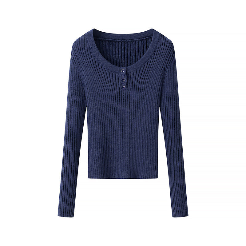Damen Ripp-T-Shirt Langärmlig mit Knöpfen Eveloria