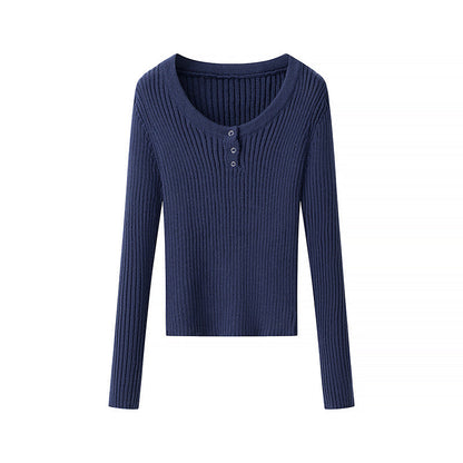 Damen Ripp-T-Shirt Langärmlig mit Knöpfen Eveloria