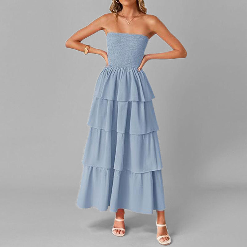 Damen Maxikleid Schulterfrei Voluminöse Rüschenschichten Eveloria