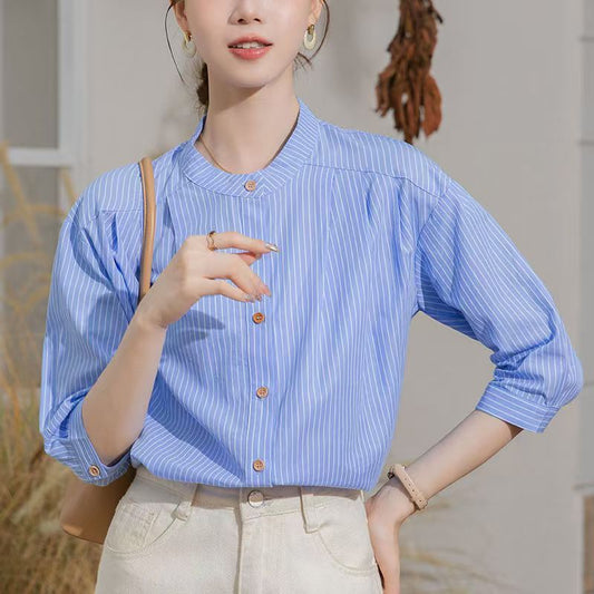 Damen Bluse Gestreift Stehkragen Elegante Weiß - Eveloria