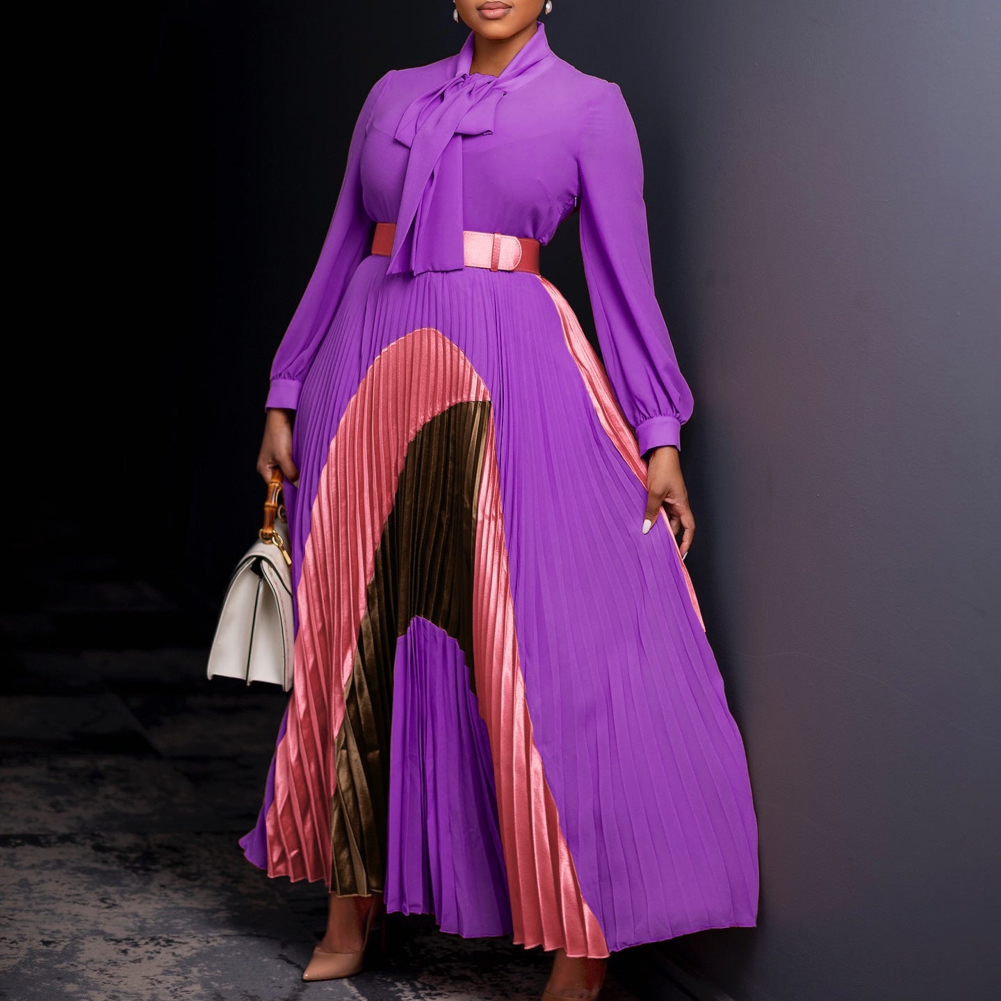 Damen Maxikleid Eleganter Schlitz Krawattenkragen Eveloria