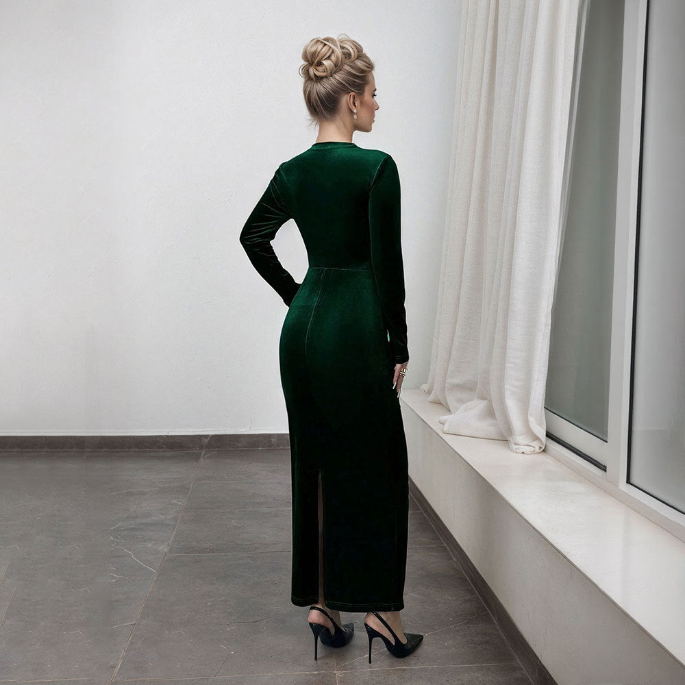 Damen Maxikleid Langarm Drapiert Eveloria
