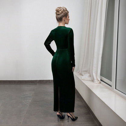 Damen Maxikleid Langarm Drapiert Eveloria