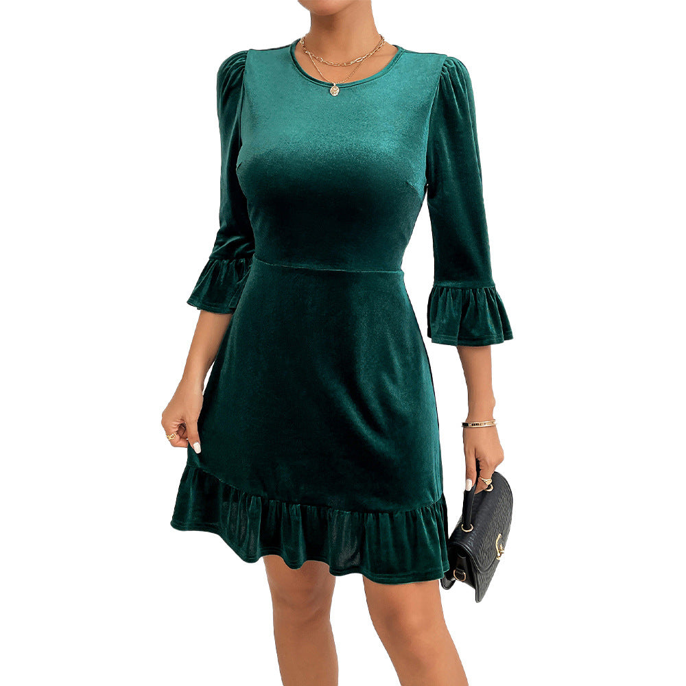 Damen Minikleid Samt Rüschendetails Voluminöse Ärmel Eveloria