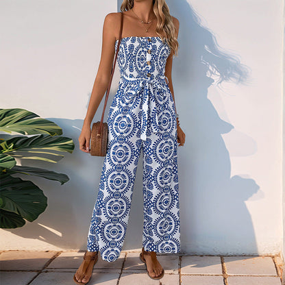 Damen Jumpsuit Floralmuster Baumwolle Mit Taillengürtel Beige - Eveloria