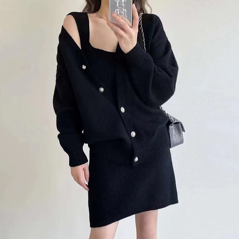 Damen Langstrickkleid V-Ausschnitt Knopfleiste Eveloria