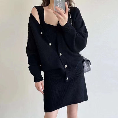 Damen Langstrickkleid V-Ausschnitt Knopfleiste Eveloria