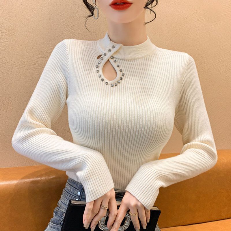 Damen Langarmshirt Elegant Ausschnitt Schmuckdetails