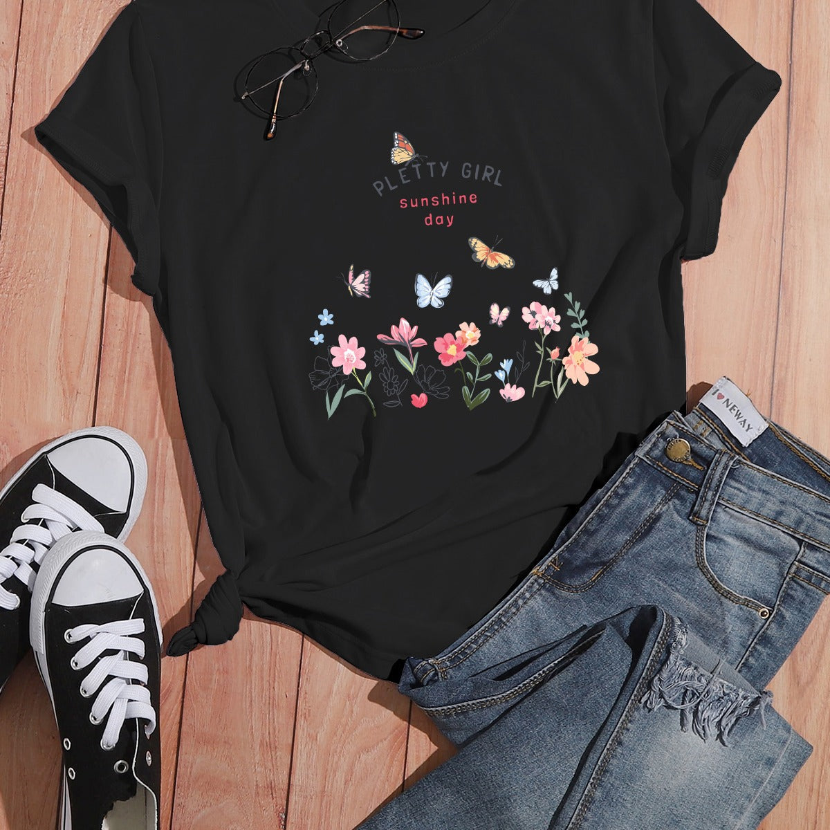 Damen T-Shirt Blumendruck Elegant Weiß