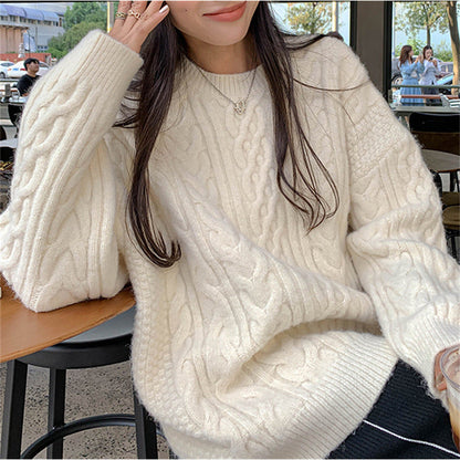 Damen Grobstrickpullover Zopfmuster Weitschnitt Eveloria - Eveloria