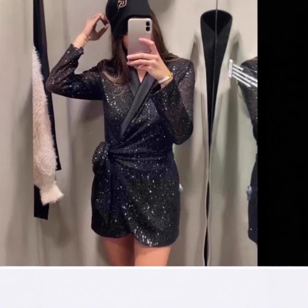 Damen Minikleid Paillettenbesatz Schleifenbindung