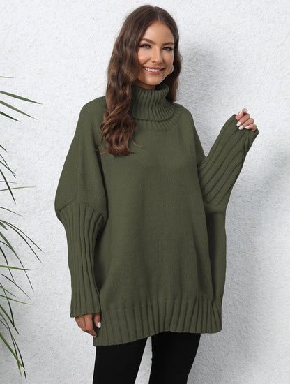 Damen Oversized Strickpullover Hochkragen Voluminöse Ärmel