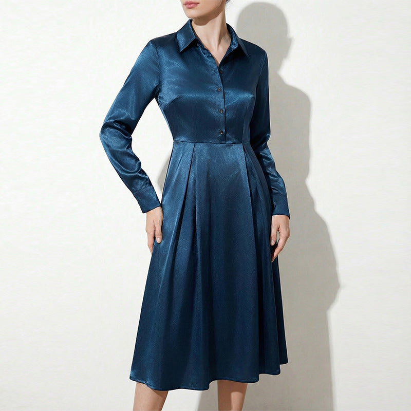 Damen Hemdblusenkleid Mittellänge Seide Glanz Schwarz Eveloria - Eveloria