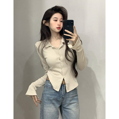 Damen Langarmshirt Volantärmel Modisch Blümchenweiß