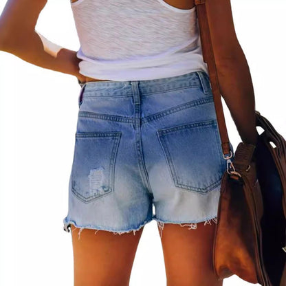 Damen Jeansshorts Used Look mit Sternen Applikationen Blau