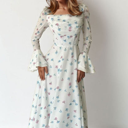 Damen Maxikleid mit Blumenapplikationen und Volumenärmeln