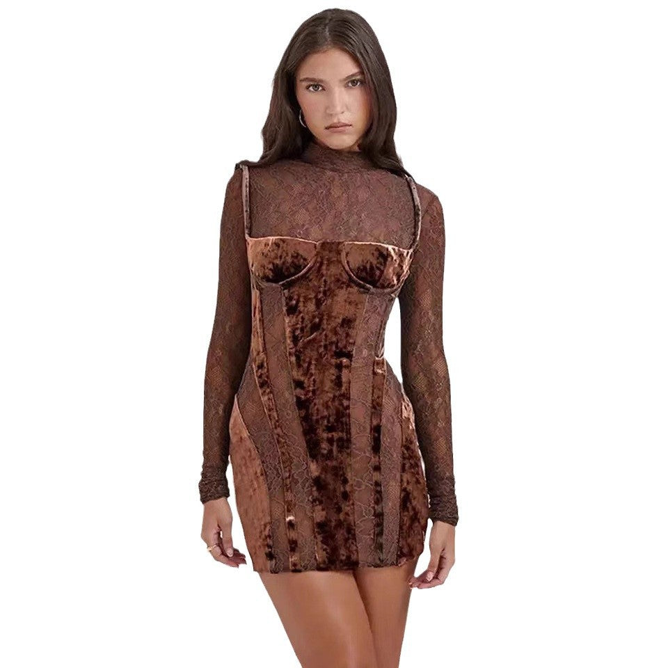 Damen Minikleid Spitze Samt Figurbetont Eveloria