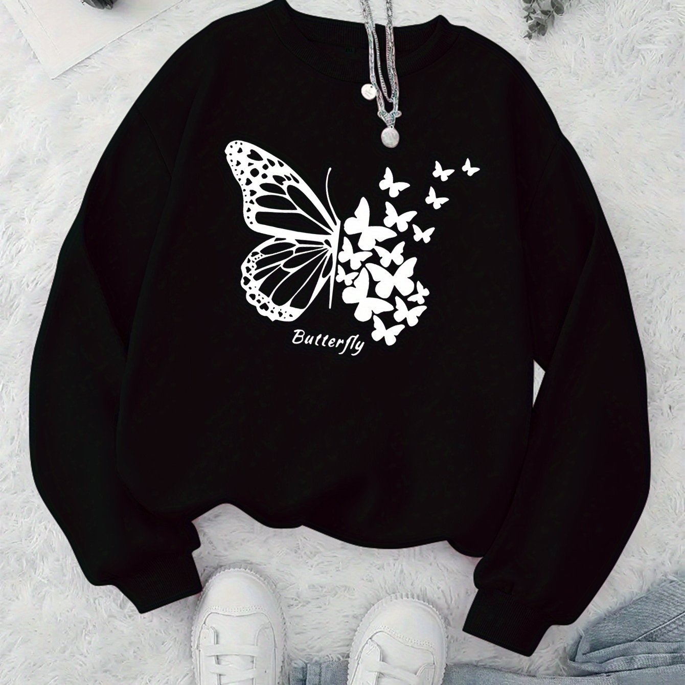 Damen Sweatshirt Schmetterlingsmotiv Lässiger Schnitt Grau Eveloria