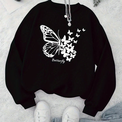 Damen Sweatshirt Schmetterlingsmotiv Lässiger Schnitt Grau Eveloria