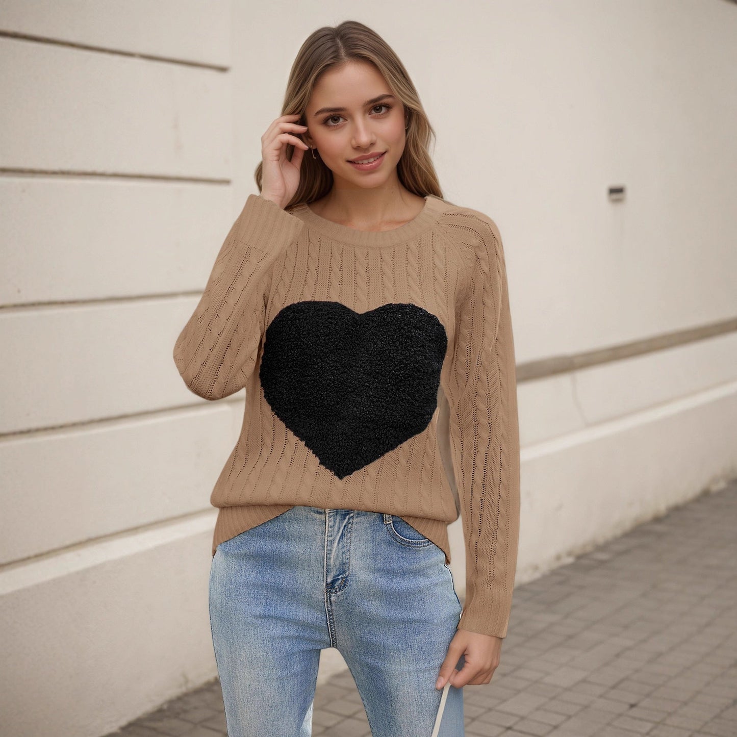 Damen Strickpullover Luftige Maschenstruktur Herz-Applikation