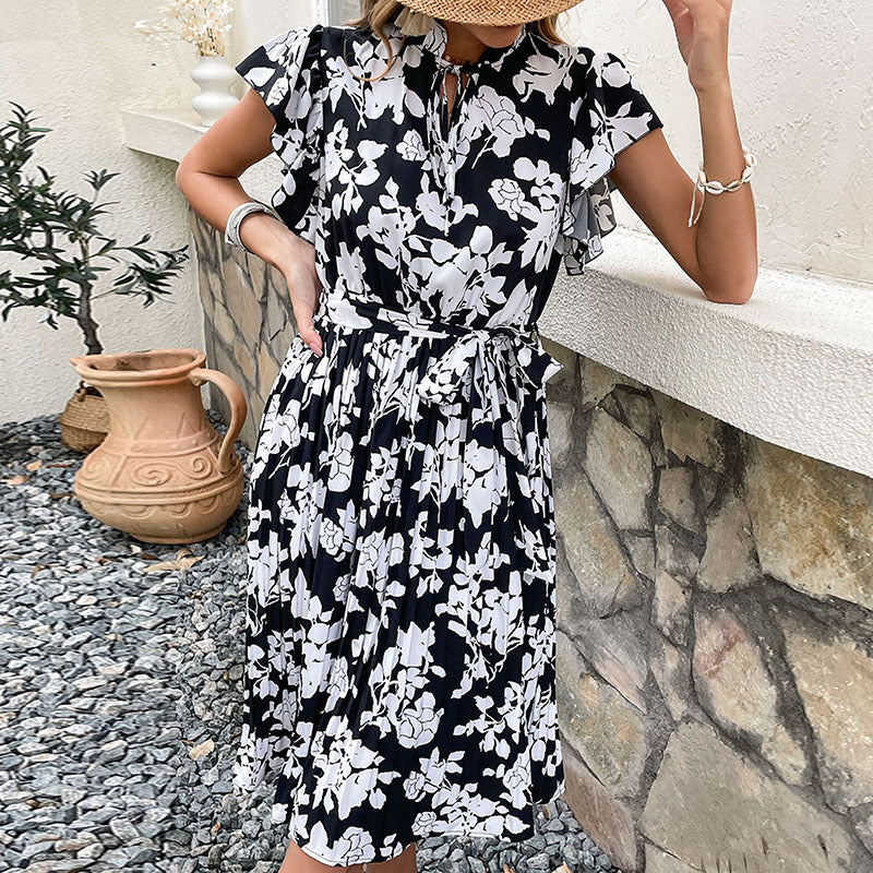 Damen Blumenkleid Rüschendetails Bindegürtel Eveloria