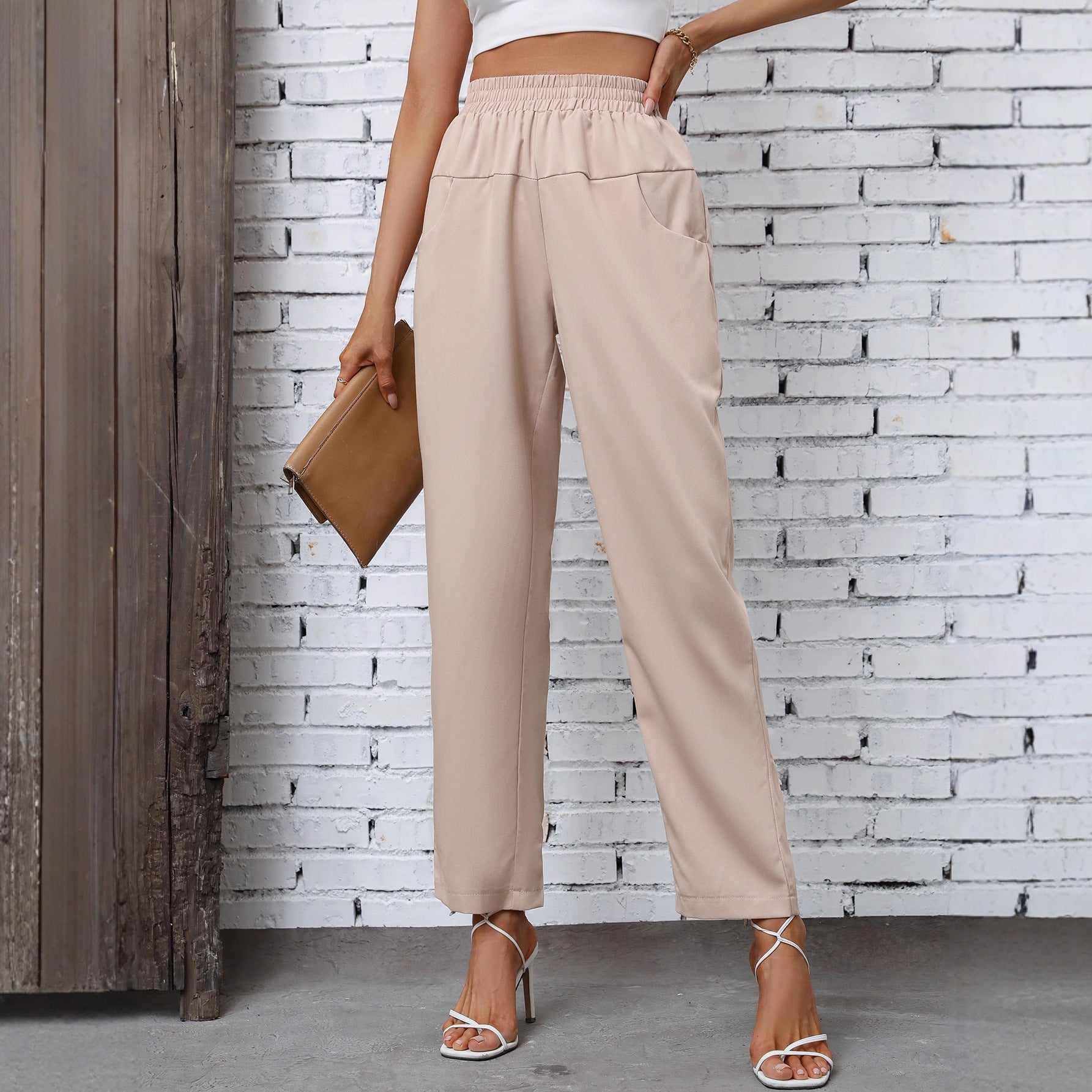 Damen Freizeithose Elastischer Bund Seitentaschen Beige Eveloria - Eveloria