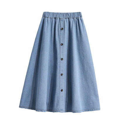 Damen Denim-Rock Lang Dekorative Druckknöpfe Blau