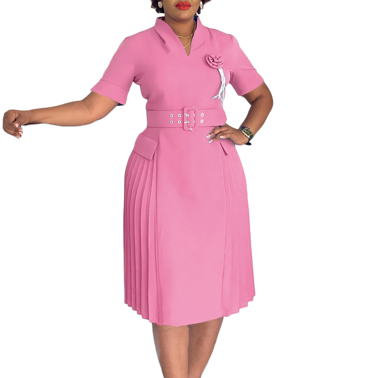 Damen Midi-Kleid mit Gürtel und Rüsche