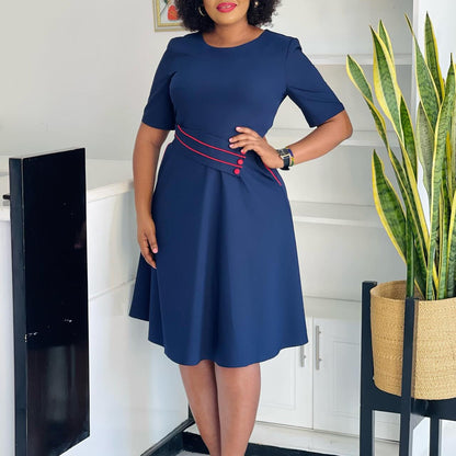 Damen A-Linien Kleid Gürtel Knopf Details Eveloria - Eveloria