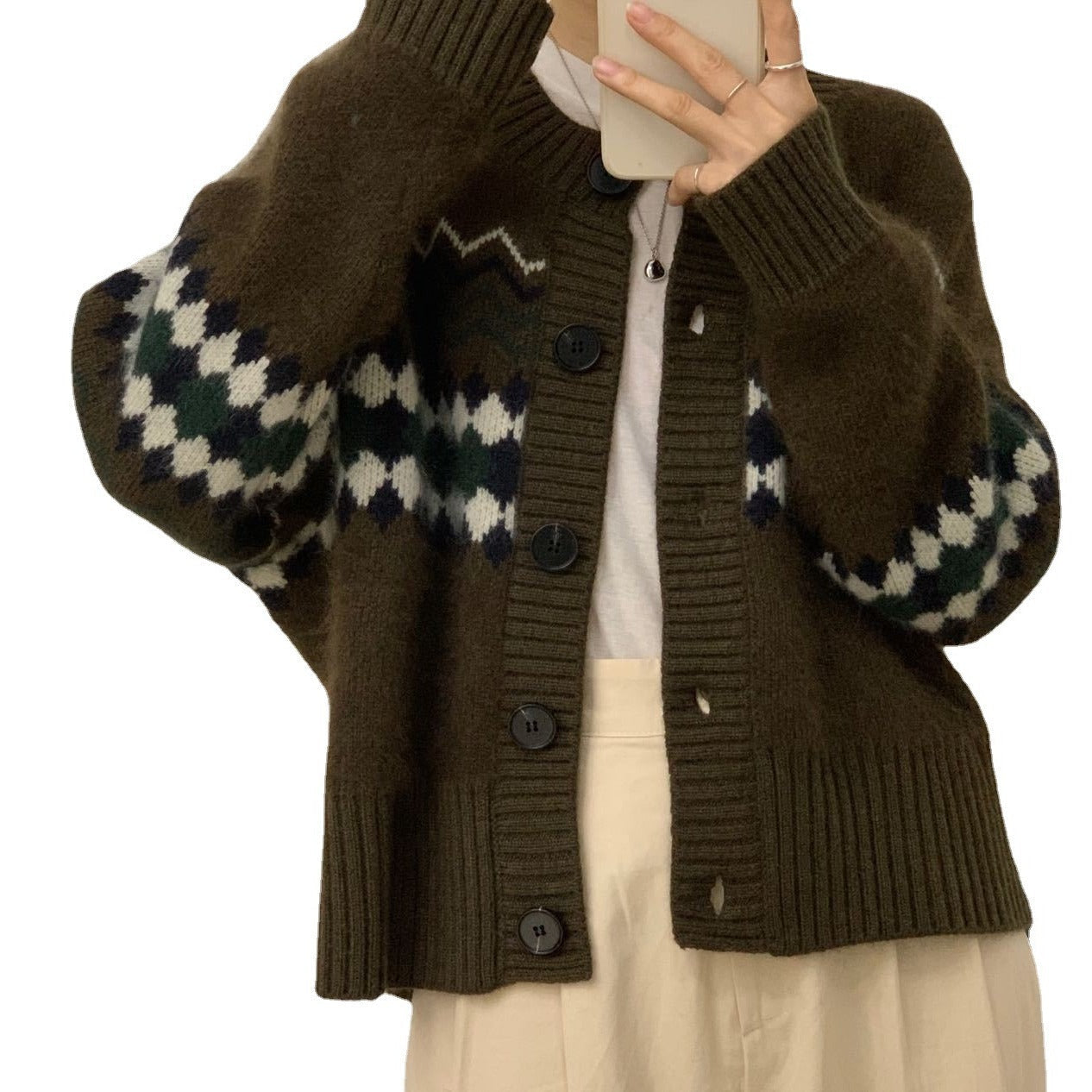 Damen Strickcardigan Kuschelig Ornamente Beige