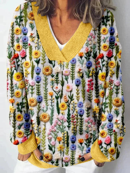 Damen Pullover V-Ausschnitt Floralmuster Lässig Eveloria