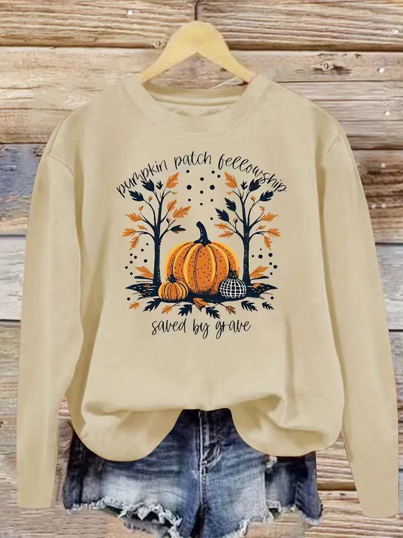 Damen Sweatshirt Herbstlich Kürbis Motiv Lässig Grau Eveloria