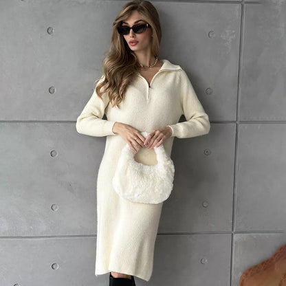 Damen Strickkleid Stehkragen Reißverschluss Eveloria