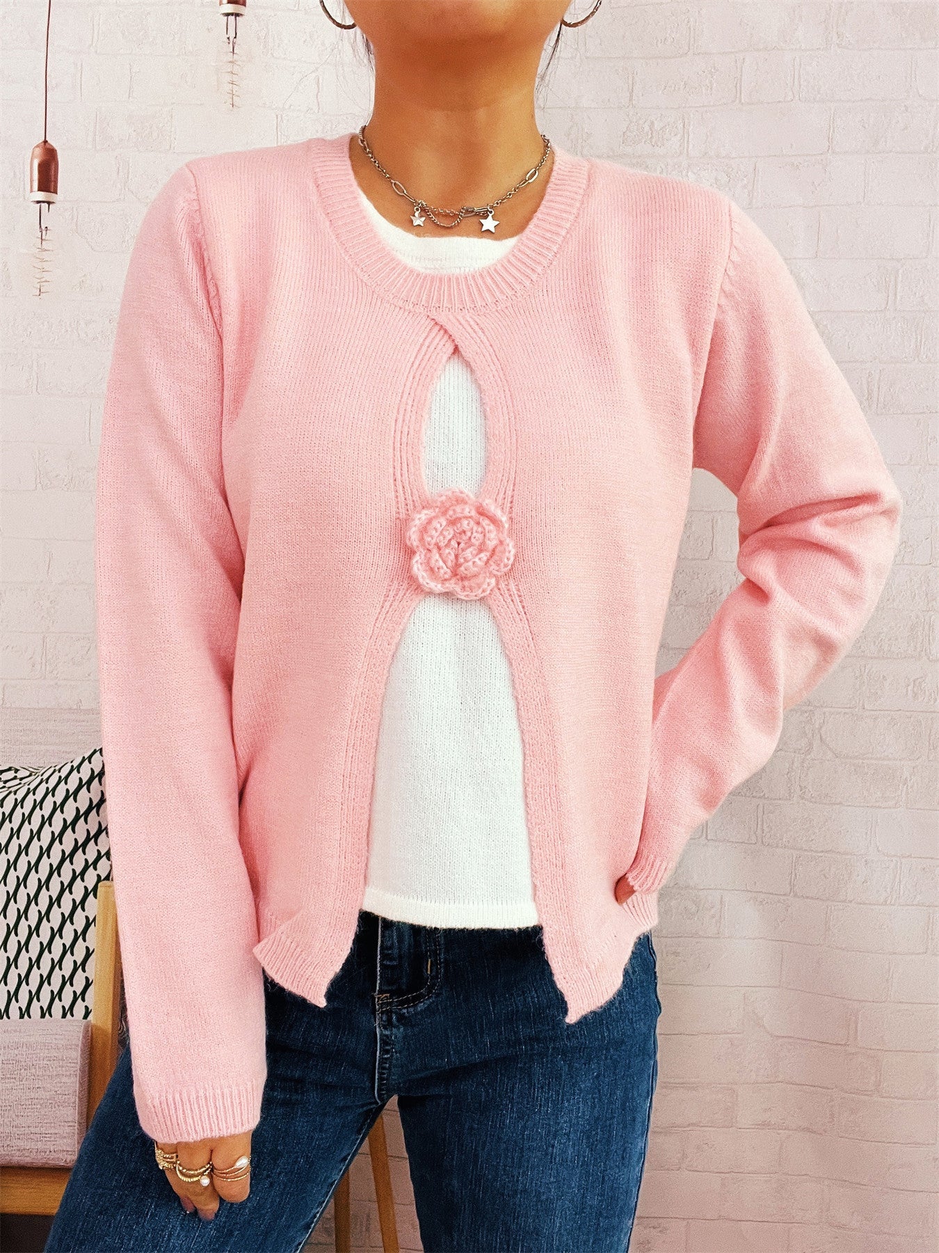 Damen Strickjacke Florales Design Luxusknöpfe Eveloria