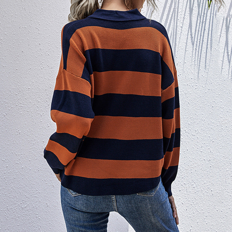 Damen Oversized Pullover Streifenmuster Knopfleiste
