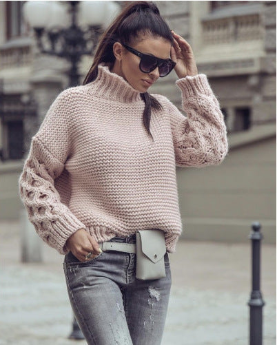 Damen Strickpullover Hochkragen Pompönärmel Eveloria